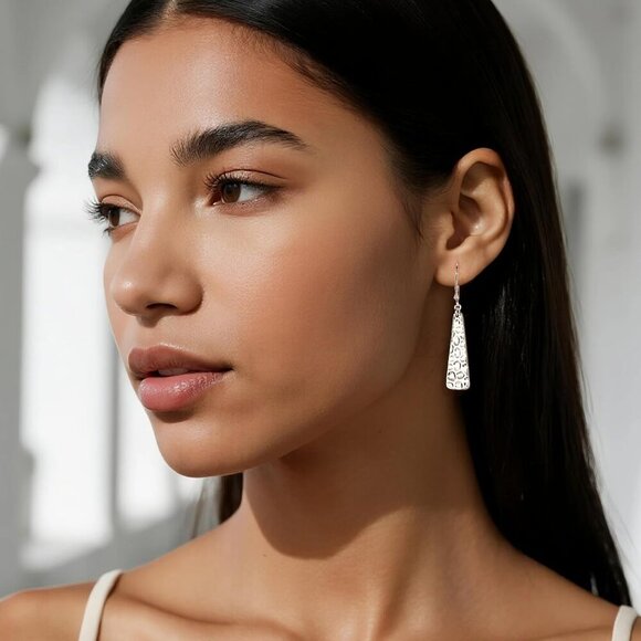 925 Sterling Silver French  Hammer Square Bar Long Drop Leverback Earring - Picture 3 of 7